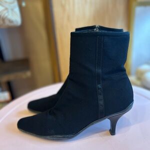 Prada Black Cloth Canvas Leather Kitten Heel Ankle Boots Size 38.5